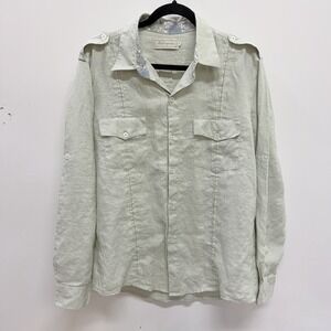 Mallorquina 100% Italian Linen Button Shirt Men's 40 Epaulettes Roll Tab Sleeves